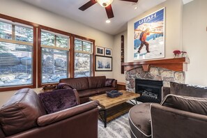 Cozy seating area next to fireplace