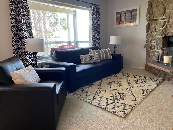 Living room, tv, fire place.