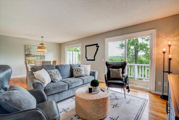 Completely remodeled living room with new furnishings