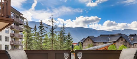 Our private deck overlooking center village, the ski slopes, and Sky Chutes