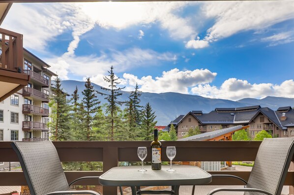 Our private deck overlooking center village, the ski slopes, and Sky Chutes