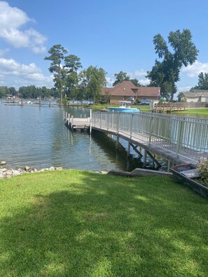 Safe aluminum dock with 9ft of water year round. Perfect for most boats.