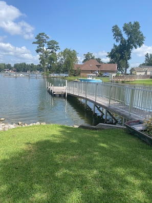 Safe aluminum dock with 9ft of water year round. Perfect for most boats.