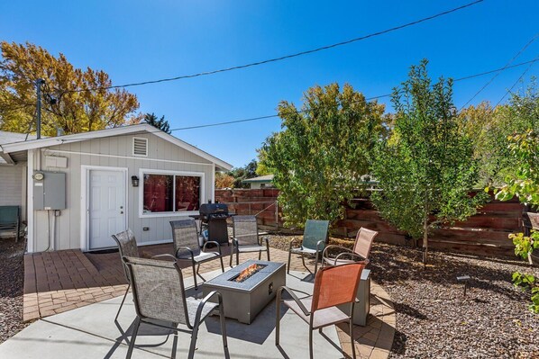 Patio is shared with a studio apartment on site