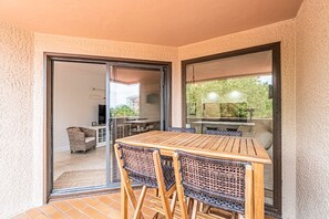 Balcony seating where you can sit out and enjoy the views of Shelter Cove.