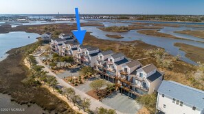 Aerial view showing water on both sides of our home!