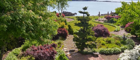 View of the gardens and Frenchman Bay from Master Bedroom balcony.