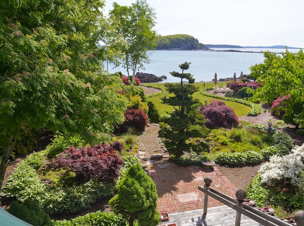 View of the gardens and Frenchman Bay from Master Bedroom balcony.