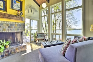Great Room | Green Lake Views | Wood-Burning Fireplace