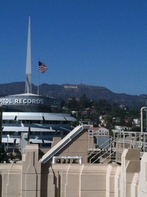 Views of Capitol Records and the Hollywood Sign from the Rooftop Patio