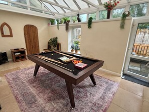 Games room with pool table, darts board and smart tv including Sky/BT sport
