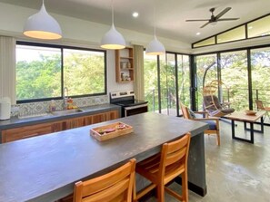 Kitchen and living room. 