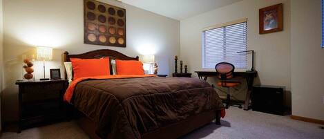 Master Bedroom: Queen sized bed with LED light dimming fan. No mini fridge.