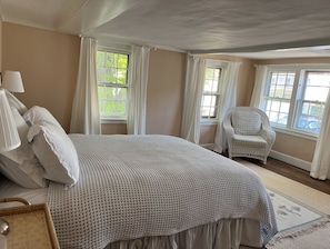 sunny guest bedroom with Queen bed
