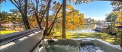 Hot tub has a great view of the lake