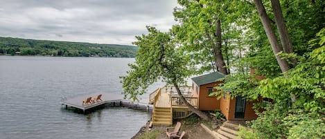 View from the main house of the cabana, private lakefront and large dock on Keuka Lake