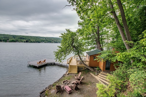 View from the main house of the cabana, private lakefront and large dock on Keuka Lake