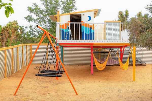 Star Gazing deck is a MUST see in the desert. swings, rope chairs, hammock