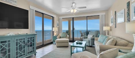 Open plan living area with floor to ceiling views of the Gulf of Mexico