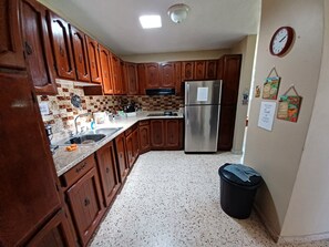 Fully equipped kitchen, electric stove.