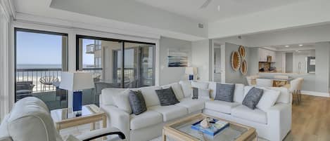 Living area with a beach view.