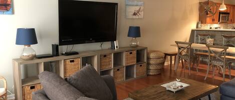 Smart TV, DVD player, movies and games in baskets!  