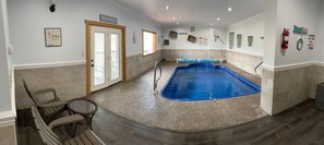 Pool depth 45” by entrance/railing and goes down to 56”.  Pool size 11ft x 19ft