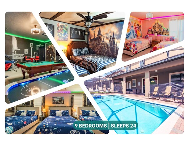 Huge private pool, game room, themed bedrooms. Perfect for large families!!