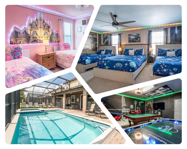 Huge private pool, game room, themed bedrooms. Perfect for large family get-togethers!