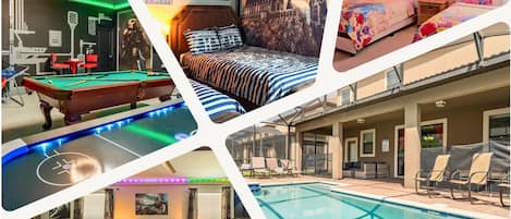 Huge private pool, game room, themed bedrooms. Perfect for large family get-togethers!