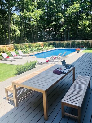 View of deck, pool outdoor dining table & lounging area (taken from near corner)