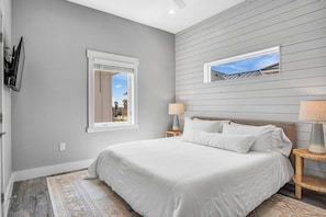 The master bedroom features a king bed with a Casper foam mattress and organic linen sheets.  There is also a large walk-in closet and ensuite bathroom