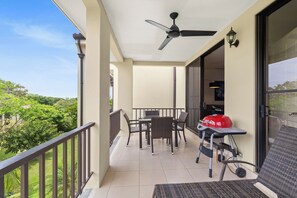The covered terrace has loungers, a dining table and electric grill.  The views are spectacular, and you get to enjoy stunning sunsets throughout the year.  