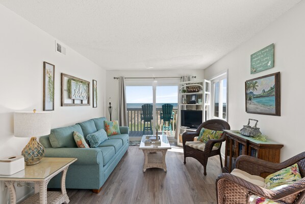 The ocean front living room is fabulous for movie night with the family.