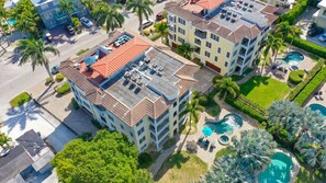 Ariel View of building with the back pool area.