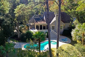 Secluded Palmetto Dunes home with inground pool.