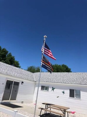 Outdoor Patio with Flags
