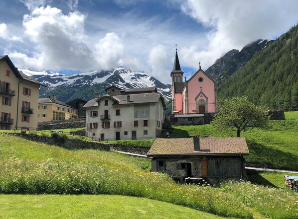 The Trient House and the Pink Church (l'église de Trient, constructed in 1888)