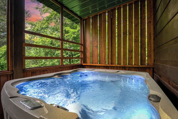 Enjoy a soak in the 7 person hot tub