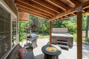 Relax on the porch with the propane firepit