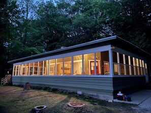 Screen porch lights on at twilight!