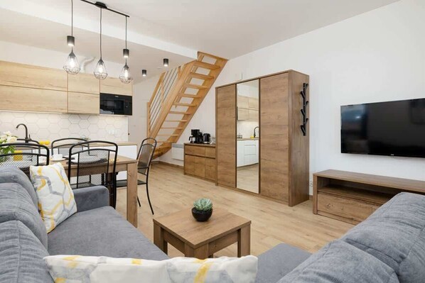 Living room with sofa bed, TV, closet with mirror and access to the terrace/patio.