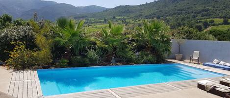 la piscine privée avec 2 transats et parasol