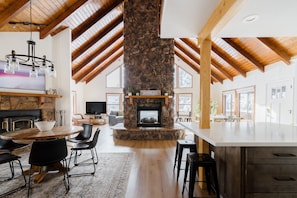 The open floor plan allows for families to play and relax in many places.