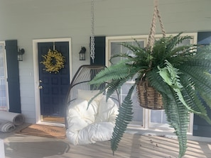 Inviting Entry to our cottage!  Enjoy a book in the cozy hanging chair