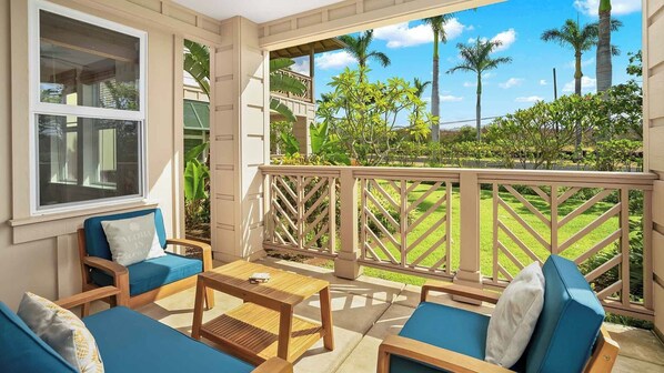 Pili Mai Resort at Poipu #15M - Covered Seating Lanai Garden View - Parrish Kauai