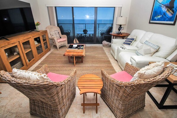 Living room looks onto the ocean