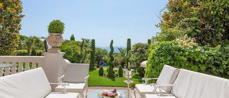 The terrace overlooking the garden and sea-view