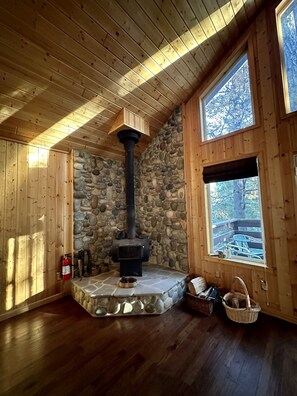 Wood burning stove. There's plenty of wood under the carport.