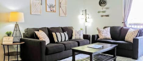 Cozy living room! Queen-sized sleeper sofa.